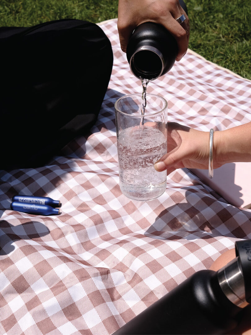 A person pours water from a black thermos into a glass held by another person on a pink and white checkered picnic blanket outdoors.