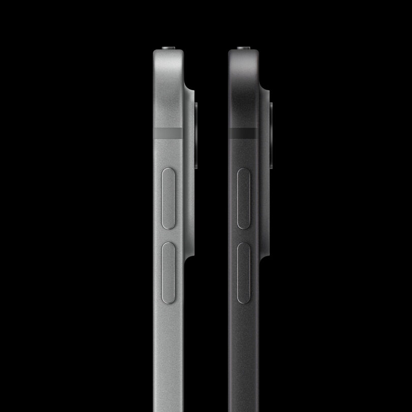 Two smartphones shown side by side in profile, one silver and one black, highlighting their side buttons and camera bumps against a black background—offering a sleek look that pairs perfectly with iPad Pro accessories.