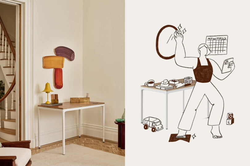 A photo of a simple console table against a wall with abstract art, next to a drawing of a person cleaning a similar table cluttered with various items.