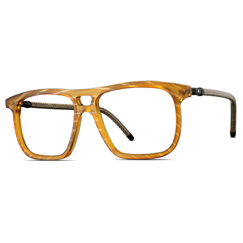 Amber-colored, rectangular eyeglass frames with clear lenses and textured dark gray temples, shown against a white background.