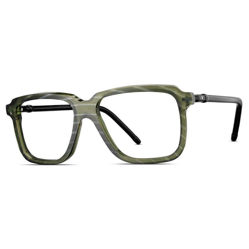 Rectangular eyeglasses with a green and gray marbled frame and black temple arms, displayed on a white background.