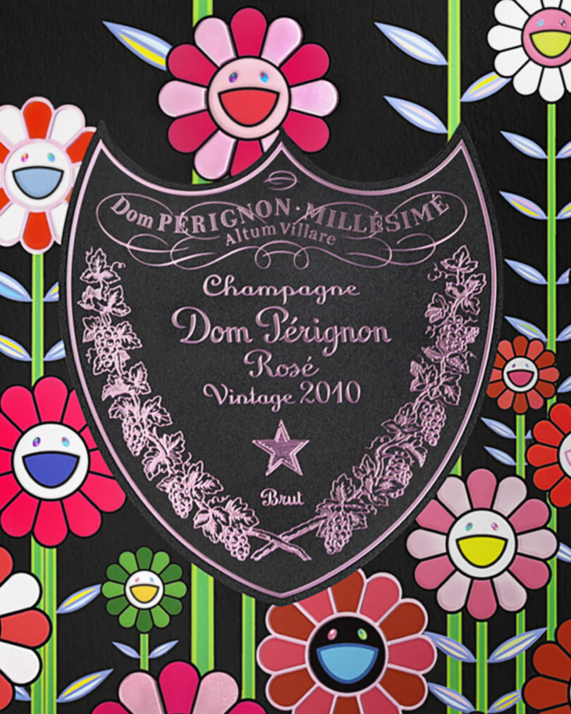 A Dom Pérignon Rosé Vintage 2010 label is featured, surrounded by colorful, cartoon-like flowers with smiling faces on a black background, inspired by Takashi Murakami's whimsical style for Dom Perignon.