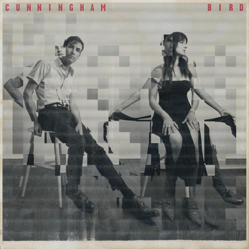 Two people sit on chairs against a plain background. The image is digitally distorted with rectangular blocks. The words “CUNNINGHAM” and “BIRD” appear at the top.
