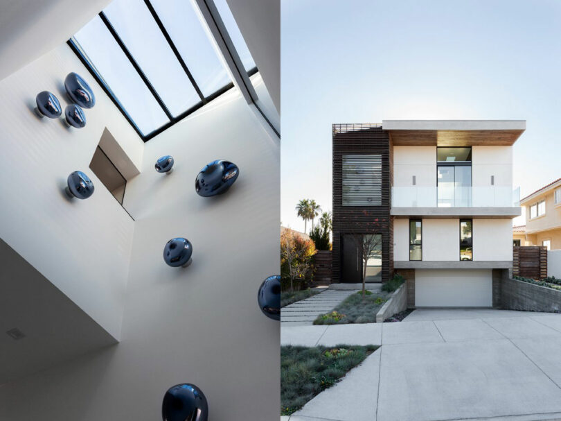 Left: Indoor atrium with skylight and blue wall sculptures. Right: Modern two-story house with balcony, garage, and landscaped front yard.