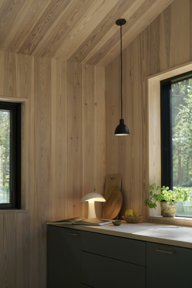 A modern kitchen with wood-paneled walls and ceiling, black-framed windows, a dark green cabinet, a glowing table lamp, potted plant, lemons, and cutting boards on the counter