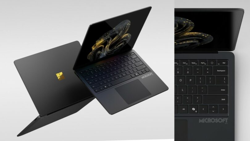 Two black Microsoft laptops are shown, one open displaying a graphic on the screen, and the other closed with the gold Microsoft logo visible. A close-up of the keyboard is on the right