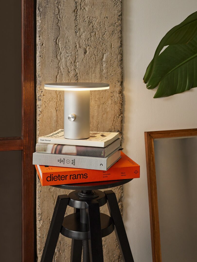 A modern lamp sits on top of stacked books, including one titled "dieter rams," on a black tripod stand next to a leafy plant and a concrete wall