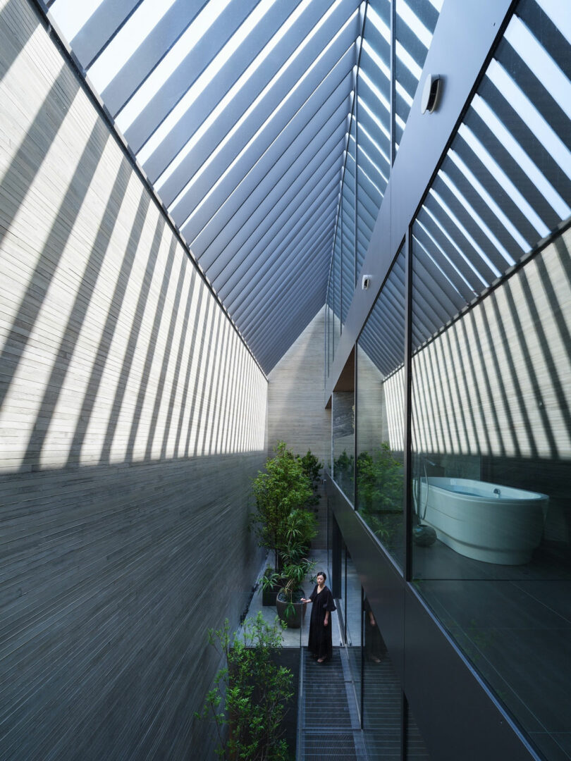 A person stands in a narrow, modern corridor with a slanted glass roof casting shadows, next to a glass wall revealing a bathtub and indoor plants.
