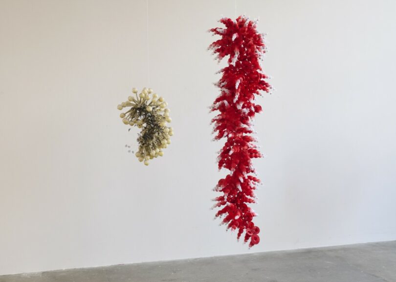 Two abstract hanging sculptures: one small, beige, and clustered in a spiral; one larger, red, and elongated, both suspended in front of a plain white wall